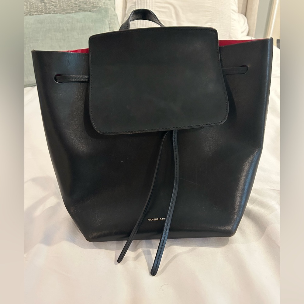 Mansur Gavriel Black Leather Backpack with Red Interior